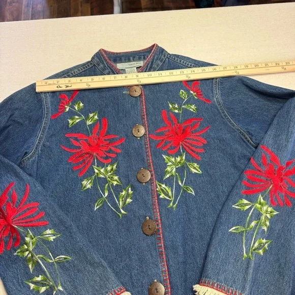 Carrie Allen - Embroidered Denim Jacket with Red Floral Accents - Size Large - Picture 10 of 15